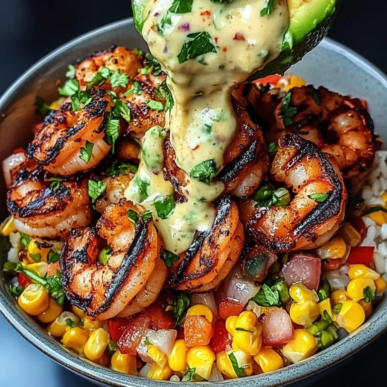 Grilled Shrimp Bowl with Avocado, Corn Salsa & Creamy Sauce