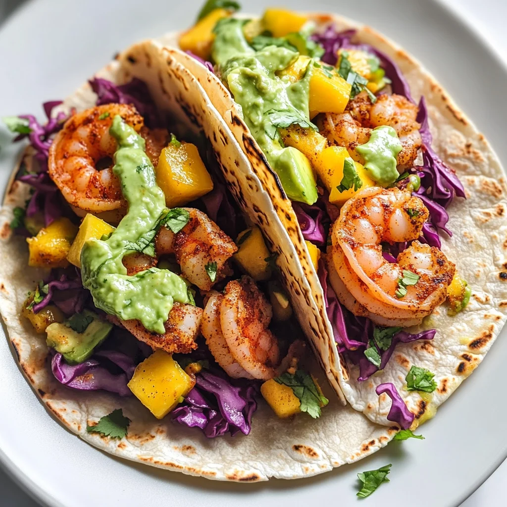 Spicy Shrimp Tacos with Mango Slaw and Avocado Crema
