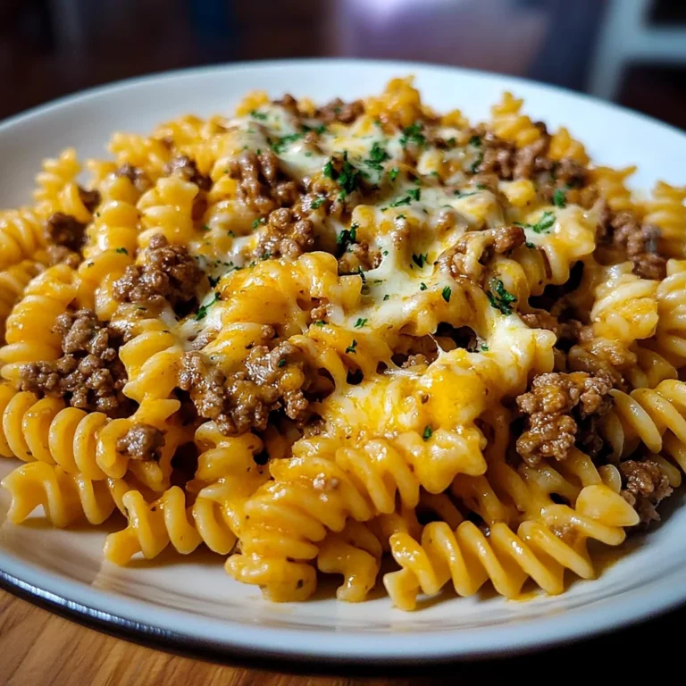 Cheesy Rotini with Garlic Butter Sauce and Ground Beef
