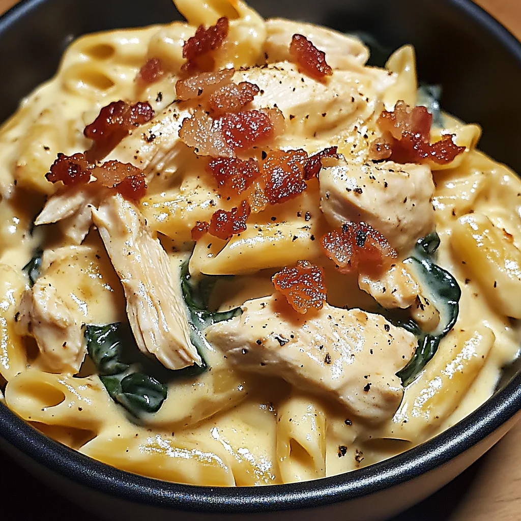 Creamy Chicken, Bacon & Spinach Pasta in Cheesy Garlic Sauce