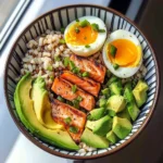 Salmon, Brown Rice & Soft-Boiled Egg Bowl with Avocado