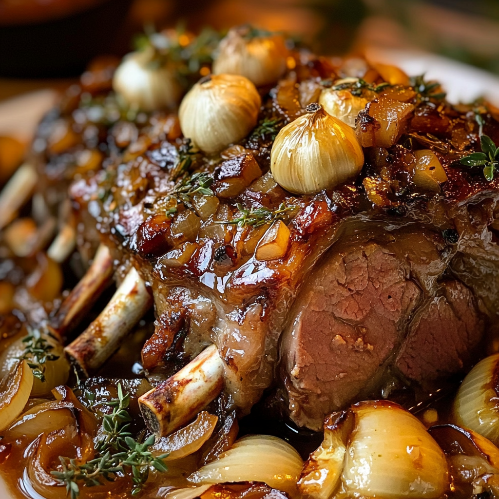 Slow-Roasted Lamb Shoulder with Roasted Garlic, Caramelized Onions & Honey Herb Glaze