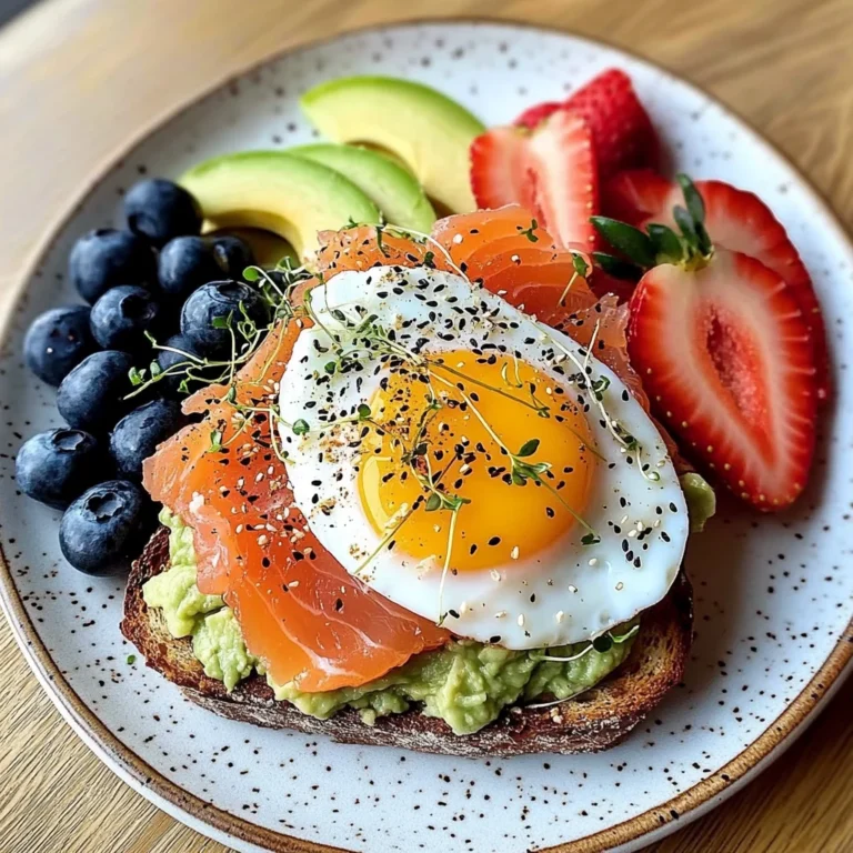 Smoked Salmon & Egg Avocado Toast Plate with Fresh Fruit & Tea