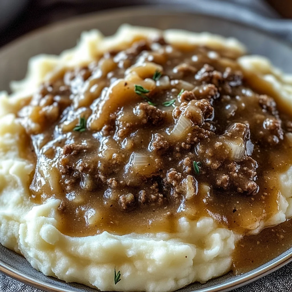 Delicious chicken hamburger Gravy Over Mashed Potatoes